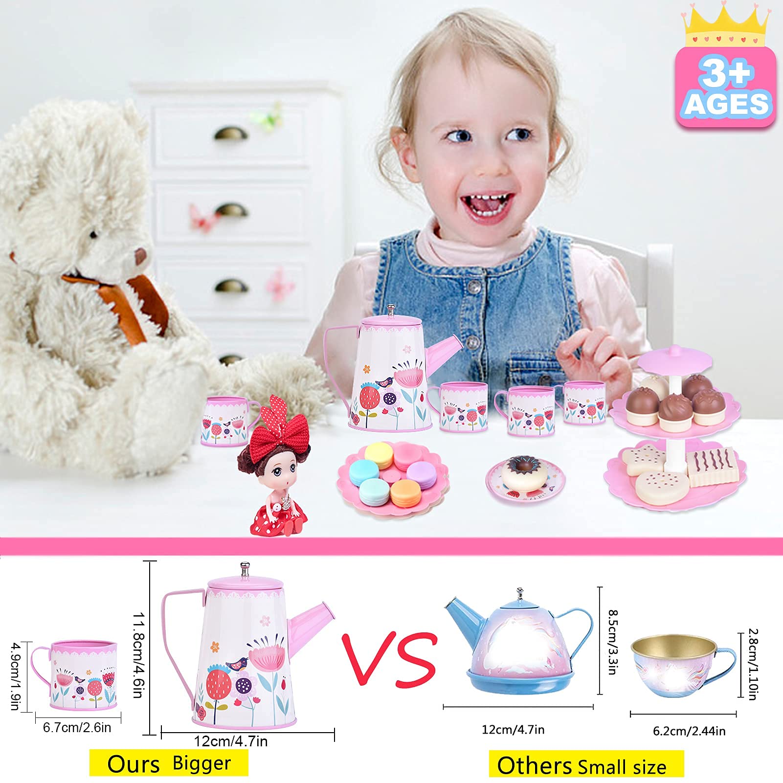 Tea Party Set for Little Girls - Tea Set Kids 38 Pcs Princess Tea Toy Set Including Teapot Tray Dessert Tower Cookie Cake Cute Dolls Kitchen Pretend Play Toy Gifts for Girls Age 3 4 5 6 7 8