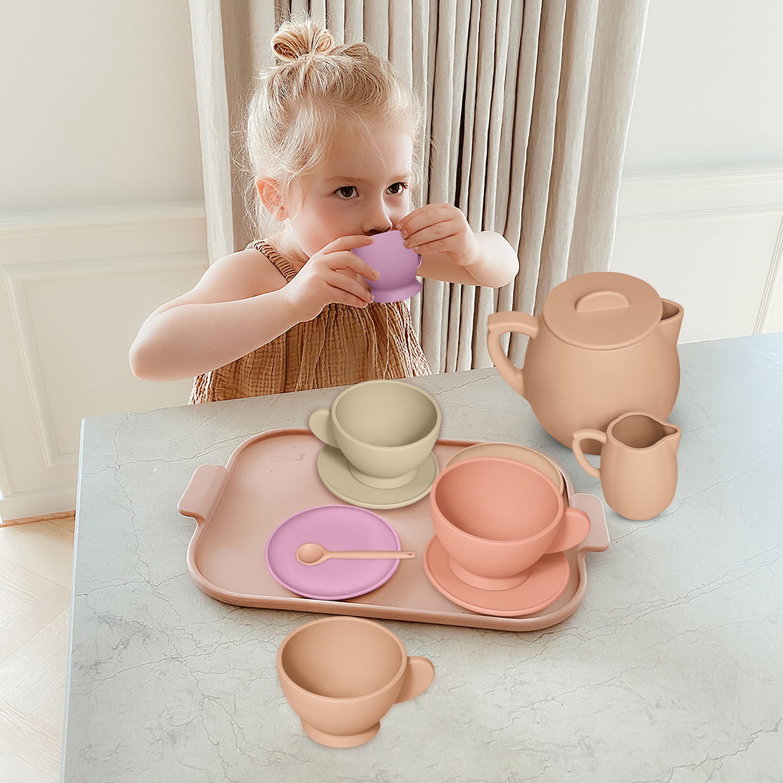 NEAFRON Silicone Tea Party Set for Little Girls, Cute Toy Tea Set for Pretend Play, Toddler Girl Toys, Enhances Motor Skills, Play Tea Set for Kids, Pretend Mini Teaset (Lavender)