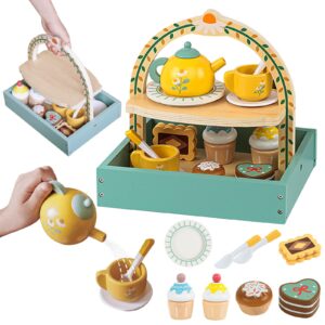 Junejour Wooden Tea Set for Little Girls 14PCS Retro Style Tea Party Set with Portable Stand Teapot Tea Cup Coasters Dessert Cake Pretend Play Tea Set for Toddlers 3-5 Years Old