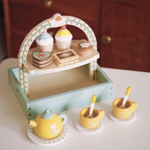 Junejour Wooden Tea Set for Little Girls 14PCS Retro Style Tea Party Set with Portable Stand Teapot Tea Cup Coasters Dessert Cake Pretend Play Tea Set for Toddlers 3-5 Years Old