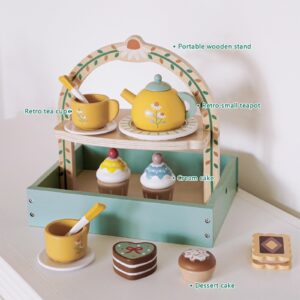 Junejour Wooden Tea Set for Little Girls 14PCS Retro Style Tea Party Set with Portable Stand Teapot Tea Cup Coasters Dessert Cake Pretend Play Tea Set for Toddlers 3-5 Years Old