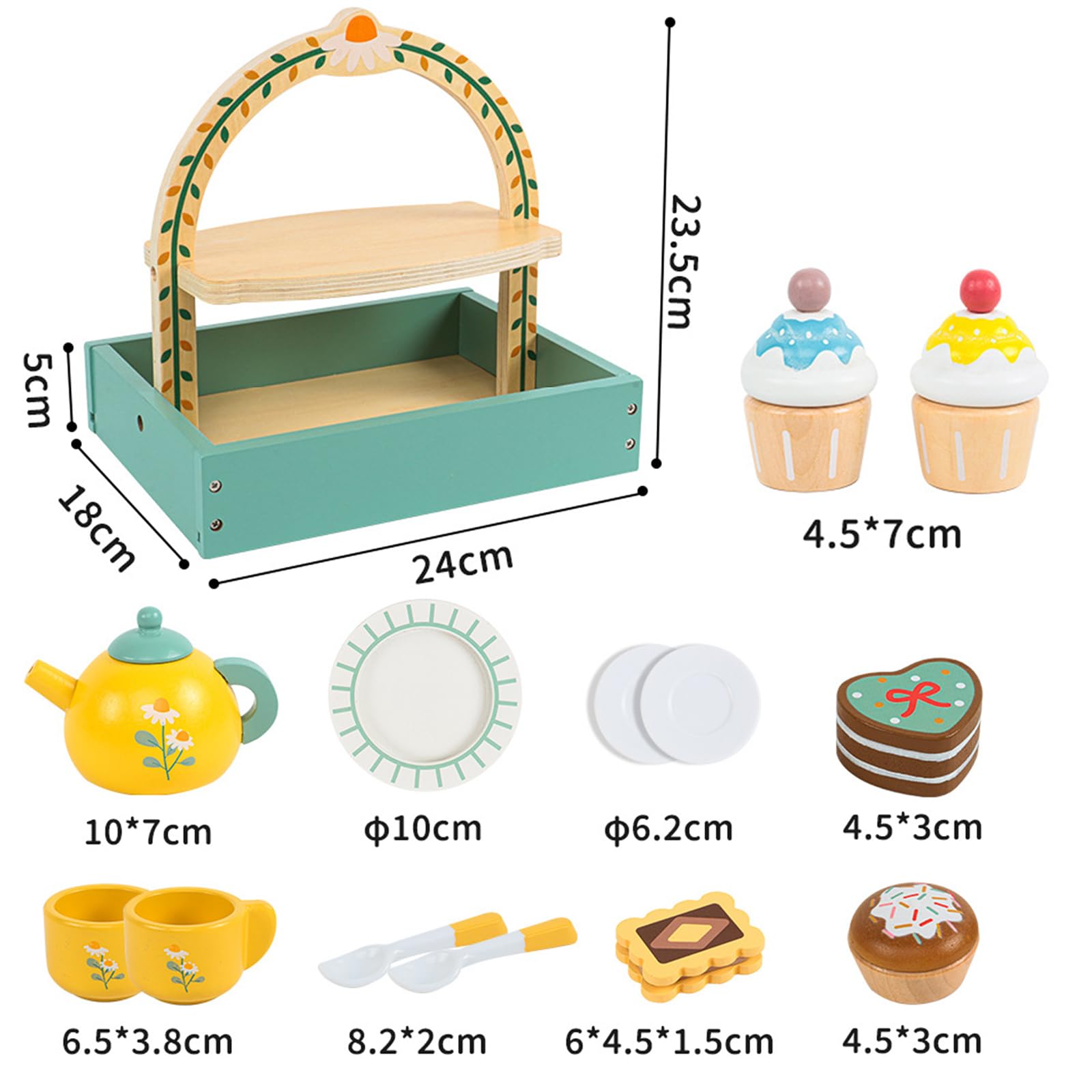 Junejour Wooden Tea Set for Little Girls 14PCS Retro Style Tea Party Set with Portable Stand Teapot Tea Cup Coasters Dessert Cake Pretend Play Tea Set for Toddlers 3-5 Years Old