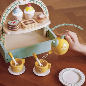 Junejour Wooden Tea Set for Little Girls 14PCS Retro Style Tea Party Set with Portable Stand Teapot Tea Cup Coasters Dessert Cake Pretend Play Tea Set for Toddlers 3-5 Years Old