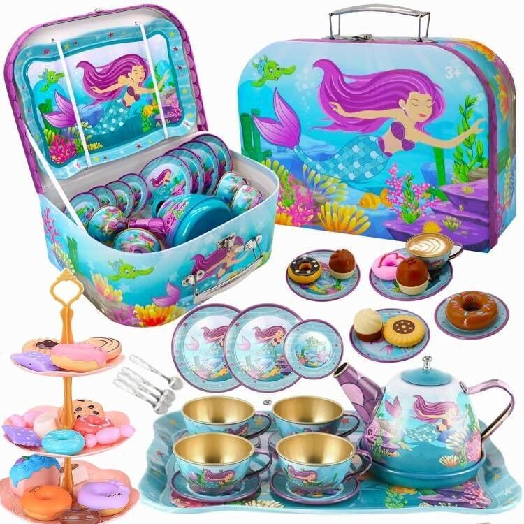 48PCS Tea Party Set for Little Girls - Princess Tea Time Mermaid Theme Tin Tea Set, Role-Playing Teapot Dessert Carrying Box for Girls Ages 3+ Party Gifts, Kitchen Pretend Play, Table-Manner Learning
