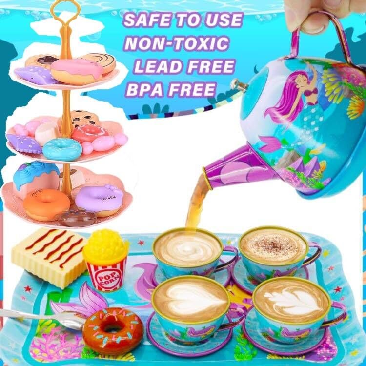 48PCS Tea Party Set for Little Girls - Princess Tea Time Mermaid Theme Tin Tea Set, Role-Playing Teapot Dessert Carrying Box for Girls Ages 3+ Party Gifts, Kitchen Pretend Play, Table-Manner Learning