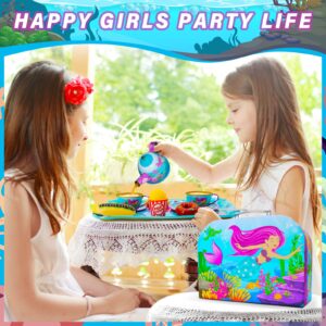 48PCS Tea Party Set for Little Girls - Princess Tea Time Mermaid Theme Tin Tea Set, Role-Playing Teapot Dessert Carrying Box for Girls Ages 3+ Party Gifts, Kitchen Pretend Play, Table-Manner Learning