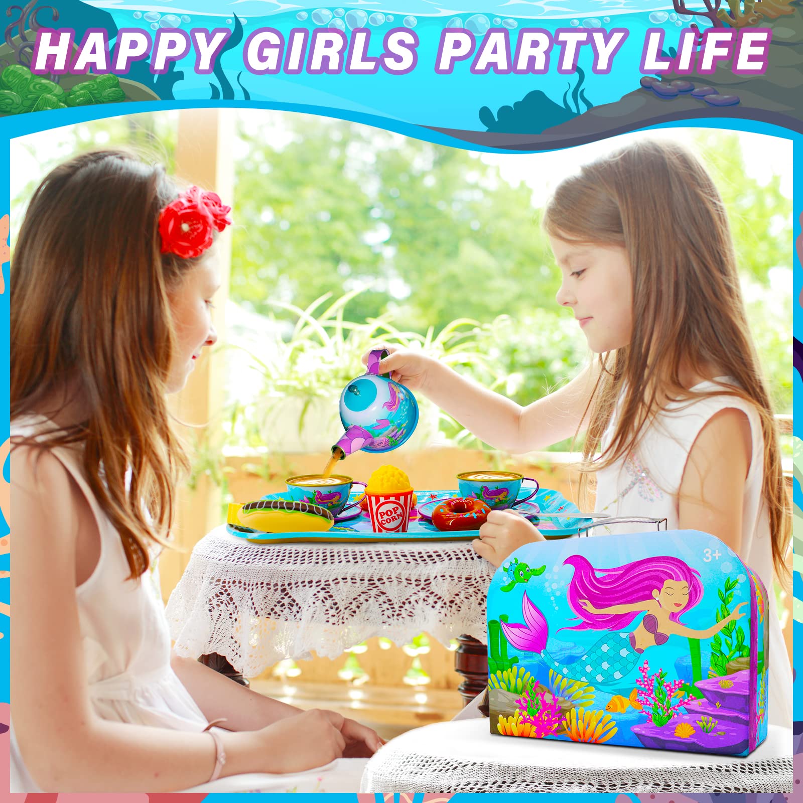 48PCS Tea Party Set for Little Girls - Princess Tea Time Mermaid Theme Tin Tea Set, Role-Playing Teapot Dessert Carrying Box for Girls Ages 3+ Party Gifts, Kitchen Pretend Play, Table-Manner Learning