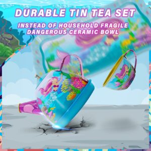 48PCS Tea Party Set for Little Girls - Princess Tea Time Mermaid Theme Tin Tea Set, Role-Playing Teapot Dessert Carrying Box for Girls Ages 3+ Party Gifts, Kitchen Pretend Play, Table-Manner Learning