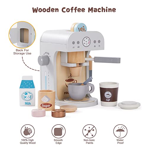 Frogprin Kids Coffee Maker Playset-Wooden Kitchen Toys, Toddler Play Kitchen Accessories, Pretend Play Food Sets for Kids Kitchen, Encourages Imaginative Play for Girls and Boys