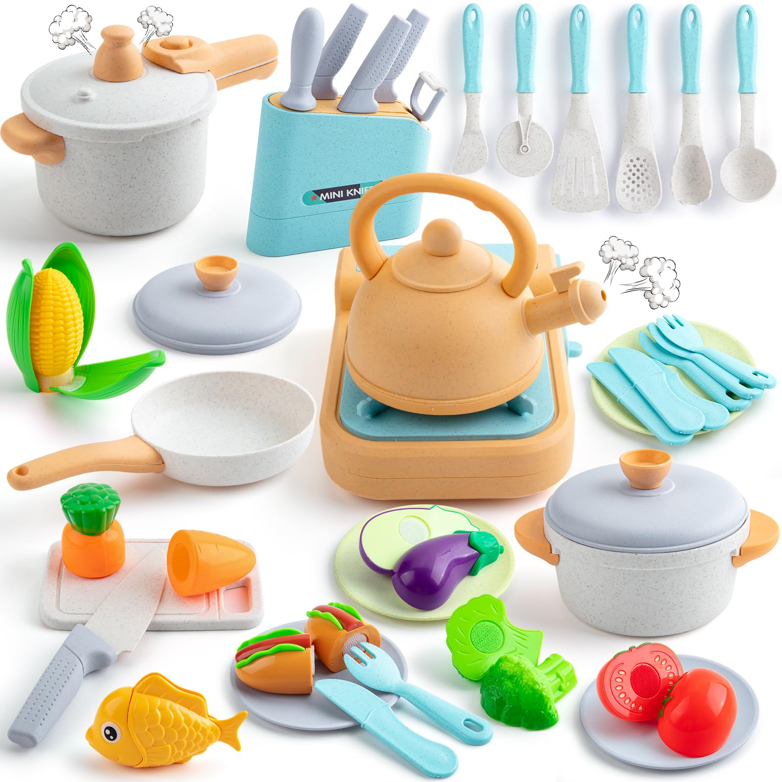 EFOSHM Pretend Play Kitchen Accessories Set, 44PCS Kids Kitchen Playset Cookware Toys with Play Pots and Pans, Gas Stove with Sound & Light,Cooking Utensils Play Food Kitchen Toys Gift for Girls Boys