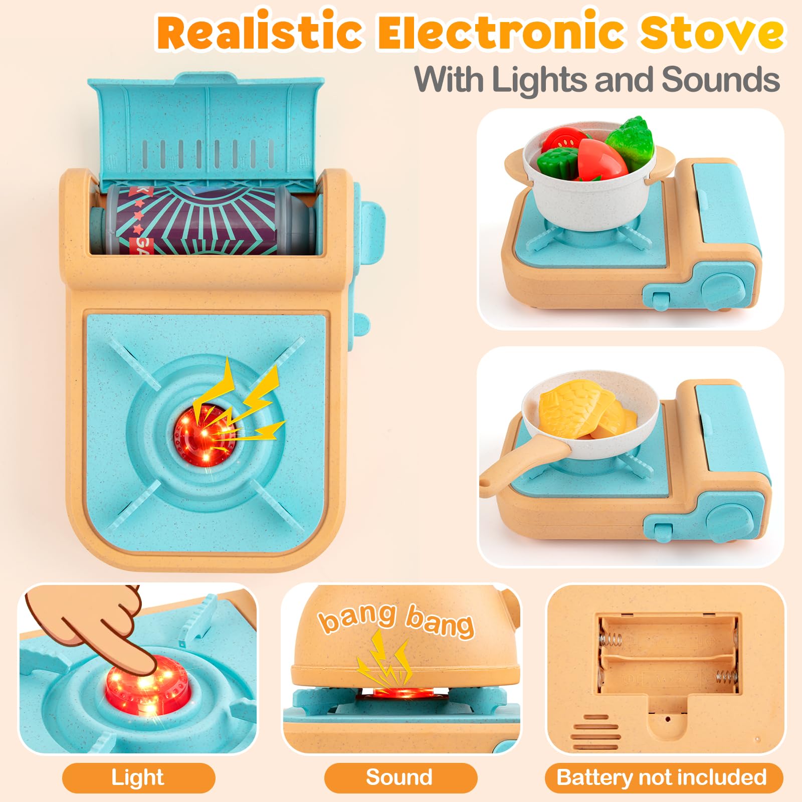 EFOSHM Pretend Play Kitchen Accessories Set, 44PCS Kids Kitchen Playset Cookware Toys with Play Pots and Pans, Gas Stove with Sound & Light,Cooking Utensils Play Food Kitchen Toys Gift for Girls Boys