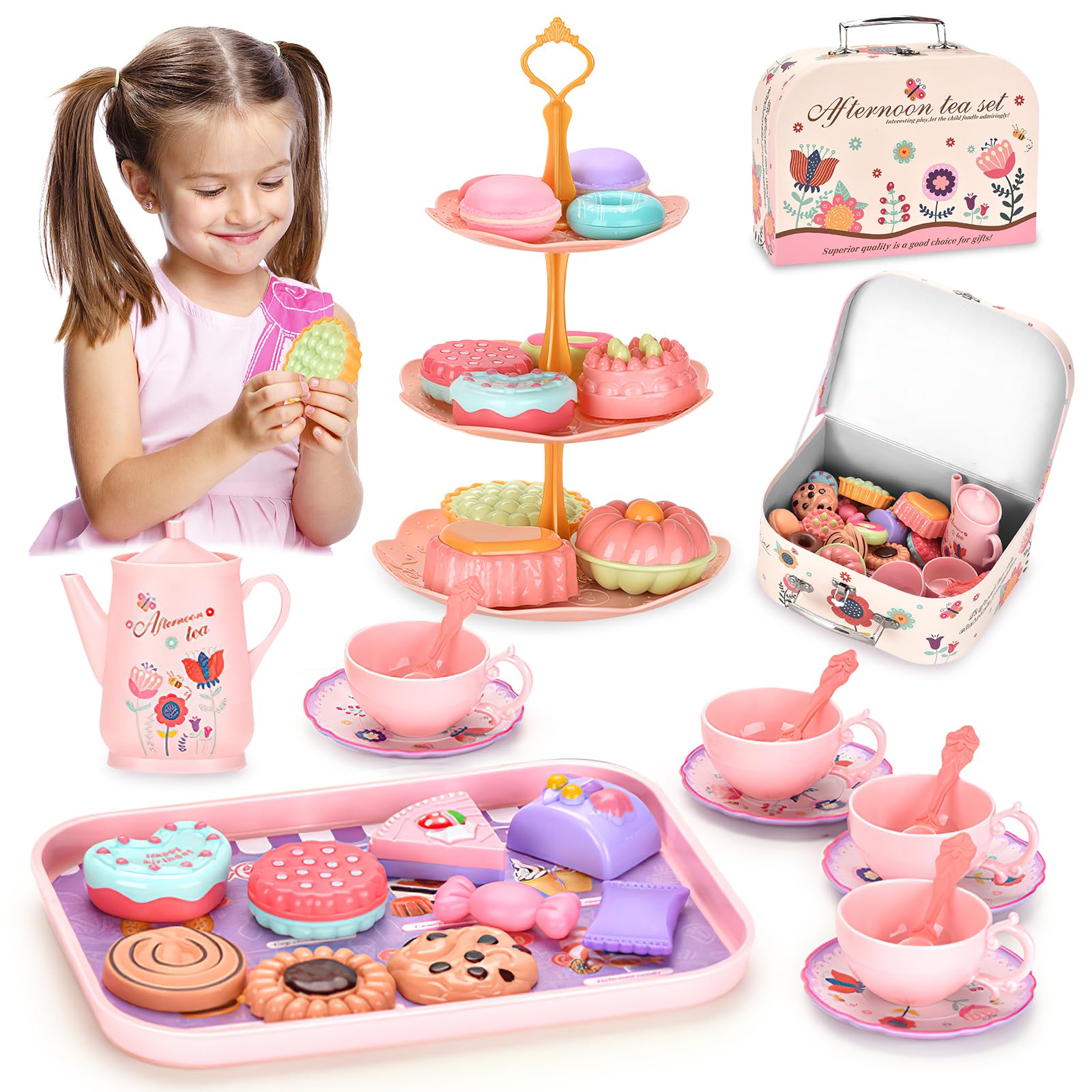 42Pcs Tea Party Set for Little Girls Princess Tea Time Toy Playset Flower Theme Kids Tea Set with Desserts & Carrying Case Kitchen Pretend Toy for Kids Toddlers Age 3 4 5 6 (Flower)