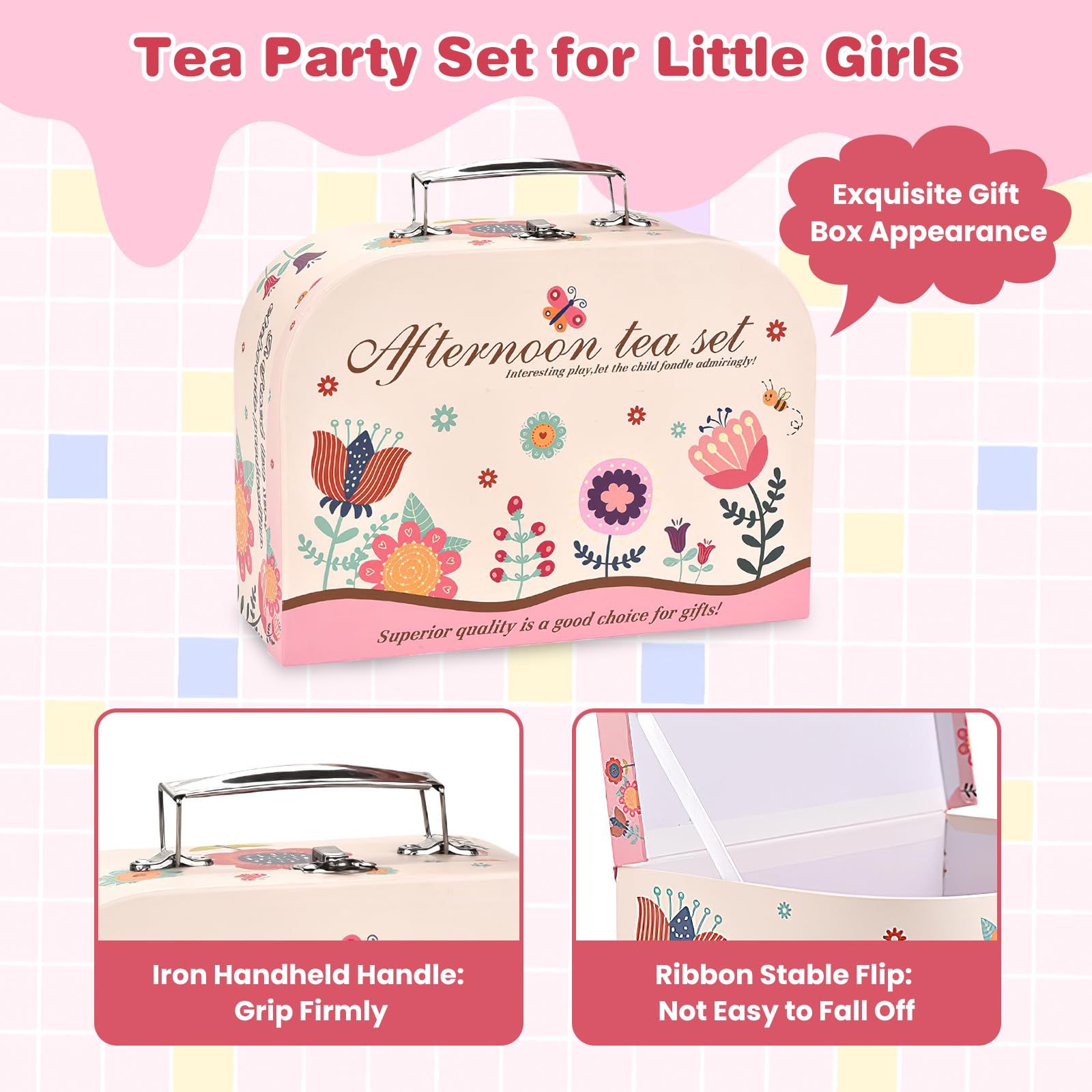 42Pcs Tea Party Set for Little Girls Princess Tea Time Toy Playset Flower Theme Kids Tea Set with Desserts & Carrying Case Kitchen Pretend Toy for Kids Toddlers Age 3 4 5 6 (Flower)