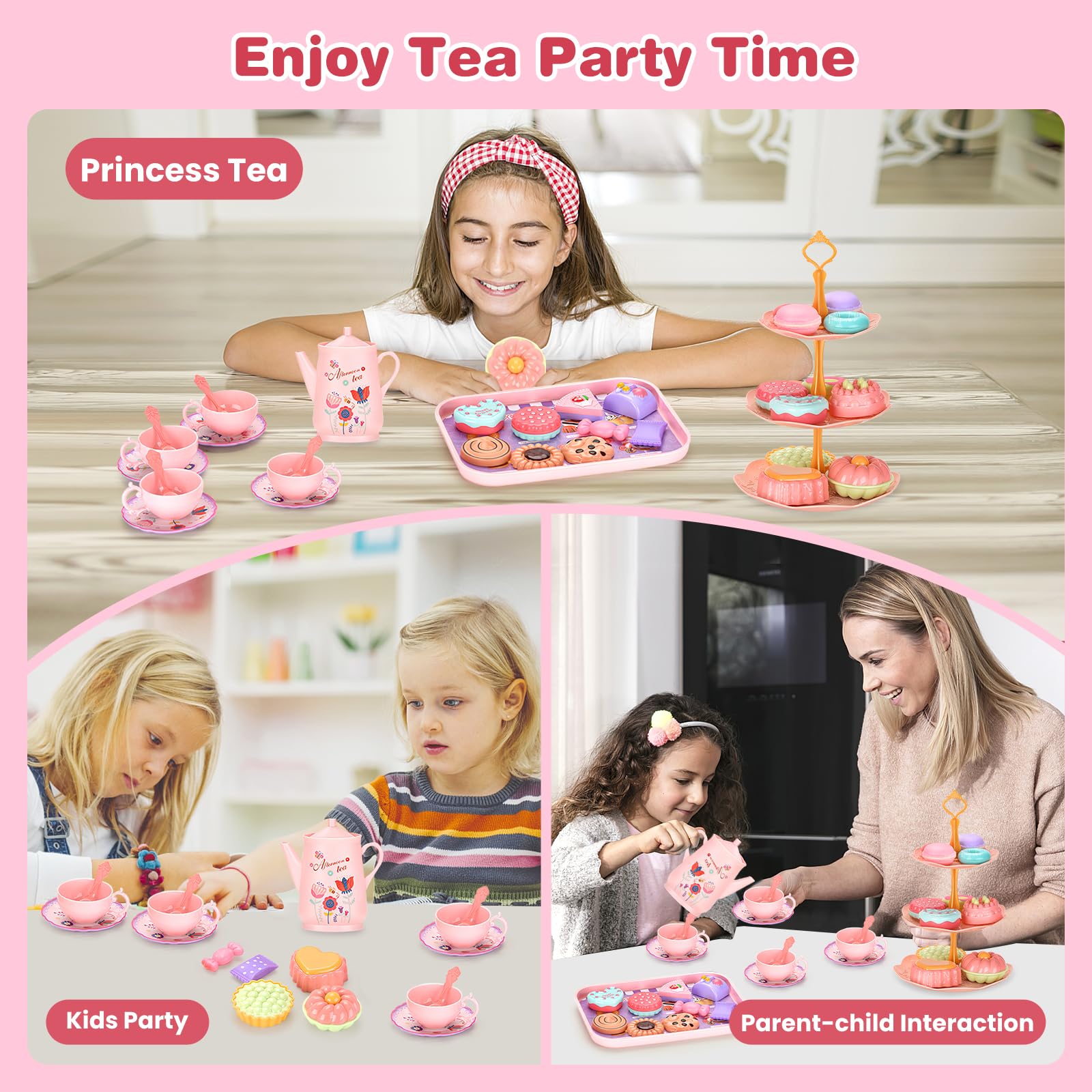 42Pcs Tea Party Set for Little Girls Princess Tea Time Toy Playset Flower Theme Kids Tea Set with Desserts & Carrying Case Kitchen Pretend Toy for Kids Toddlers Age 3 4 5 6 (Flower)