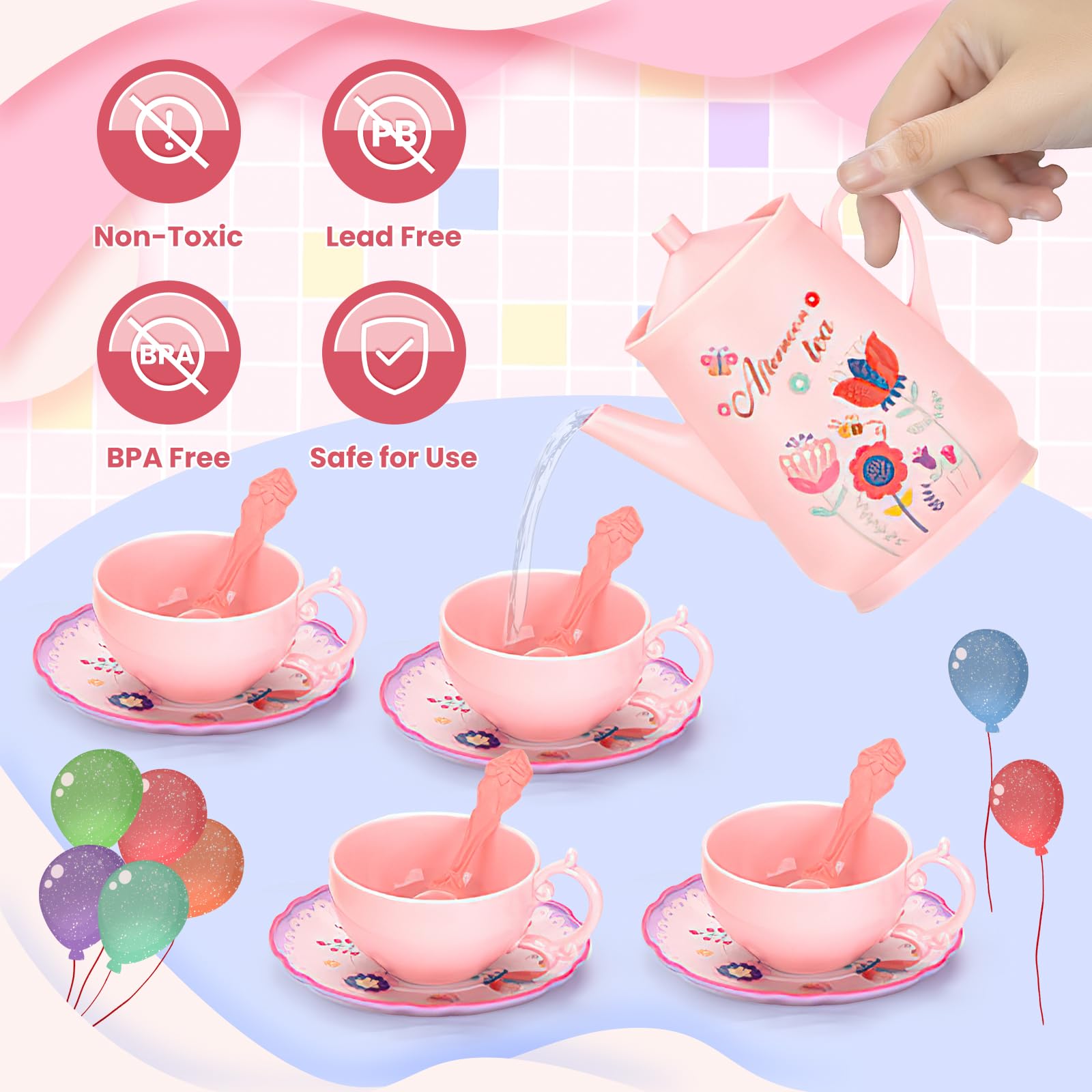 42Pcs Tea Party Set for Little Girls Princess Tea Time Toy Playset Flower Theme Kids Tea Set with Desserts & Carrying Case Kitchen Pretend Toy for Kids Toddlers Age 3 4 5 6 (Flower)