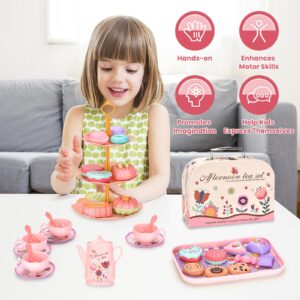 42Pcs Tea Party Set for Little Girls Princess Tea Time Toy Playset Flower Theme Kids Tea Set with Desserts & Carrying Case Kitchen Pretend Toy for Kids Toddlers Age 3 4 5 6 (Flower)