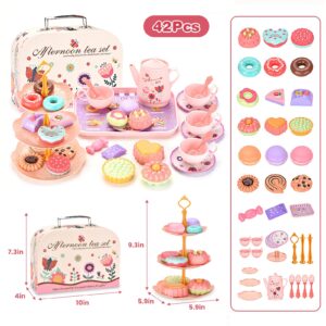 42Pcs Tea Party Set for Little Girls Princess Tea Time Toy Playset Flower Theme Kids Tea Set with Desserts & Carrying Case Kitchen Pretend Toy for Kids Toddlers Age 3 4 5 6 (Flower)