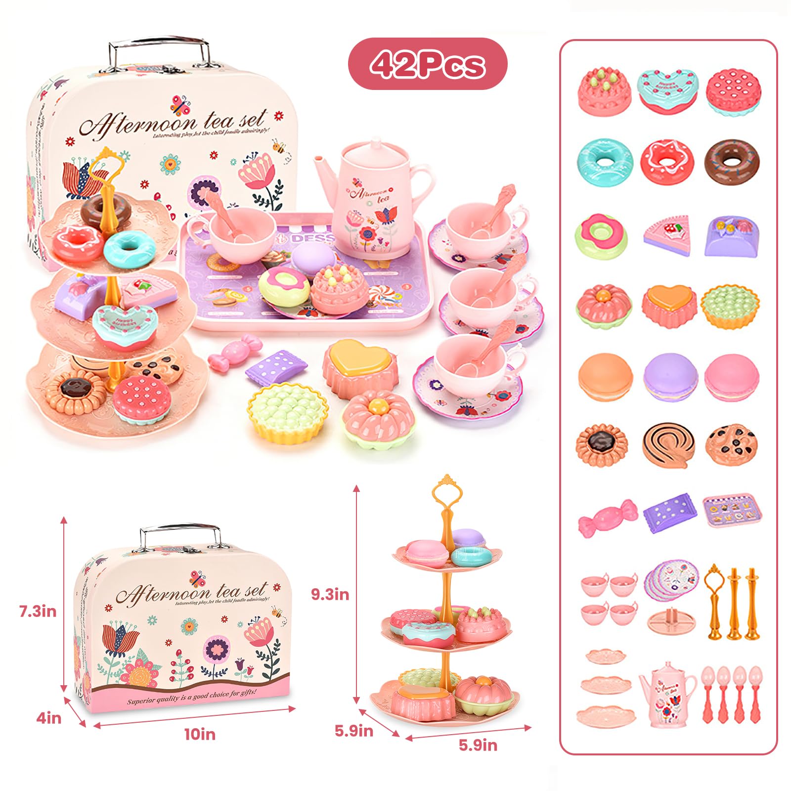 42Pcs Tea Party Set for Little Girls Princess Tea Time Toy Playset Flower Theme Kids Tea Set with Desserts & Carrying Case Kitchen Pretend Toy for Kids Toddlers Age 3 4 5 6 (Flower)