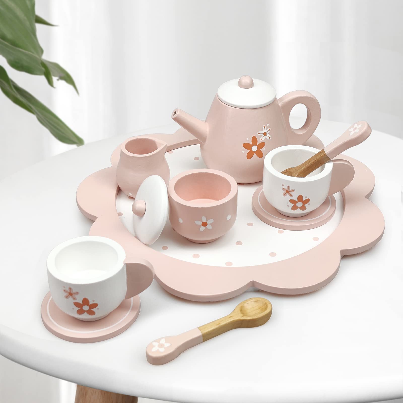 Wooden Afternoon Tea Set Toys for Toddlers Realistic Teapot Cups Carrying Tray Scoops Pretend Play Learning Role Play 12 pcs Pink Gift for Kids