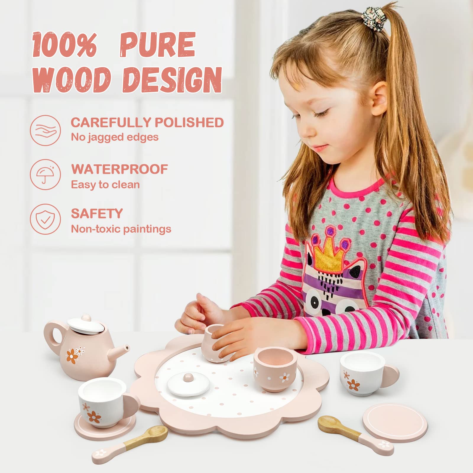 Wooden Afternoon Tea Set Toys for Toddlers Realistic Teapot Cups Carrying Tray Scoops Pretend Play Learning Role Play 12 pcs Pink Gift for Kids