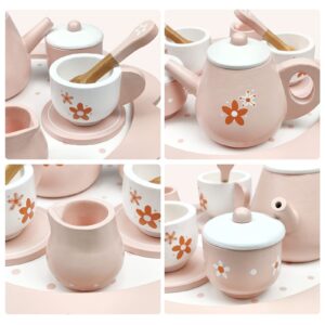 Wooden Afternoon Tea Set Toys for Toddlers Realistic Teapot Cups Carrying Tray Scoops Pretend Play Learning Role Play 12 pcs Pink Gift for Kids