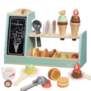 Giant bean Wooden Ice Cream, Coffee and Frozen Treat 3-in-1 Counter Playset, 25 PCS Toddler Pretend Play Kitchen Accessories, Kids Wooden Toys for 1+, Christmas Birthday Gift for Kids