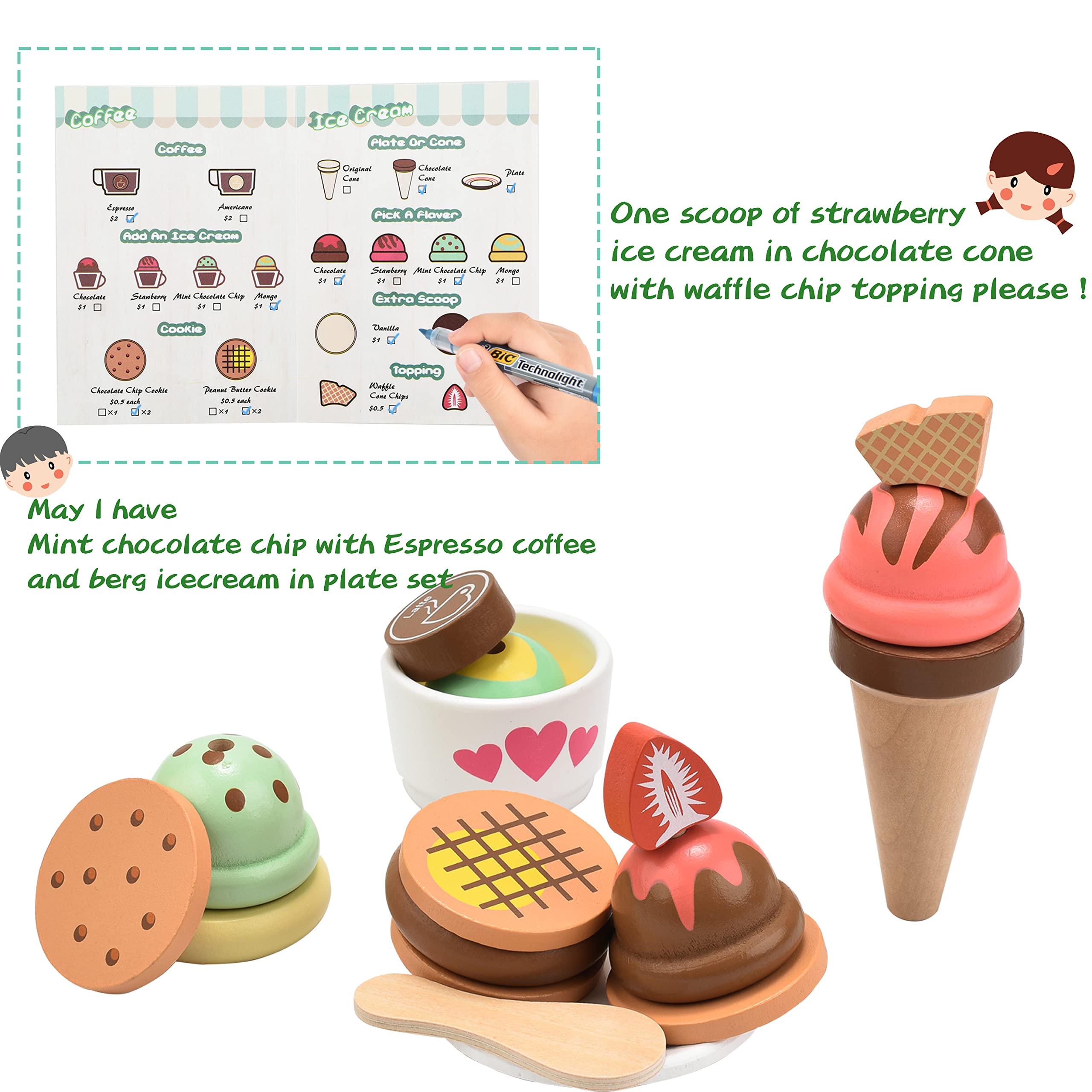 Giant bean Wooden Ice Cream, Coffee and Frozen Treat 3-in-1 Counter Playset, 25 PCS Toddler Pretend Play Kitchen Accessories, Kids Wooden Toys for 1+, Christmas Birthday Gift for Kids