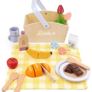 Pillowhale Wooden Picnic Basket Playset Toy,Pretend Play Food Sharing Playset with Cutting Fruits, Kids Imagination Play for Girls Boys Toddlers 3 Years Old and Up