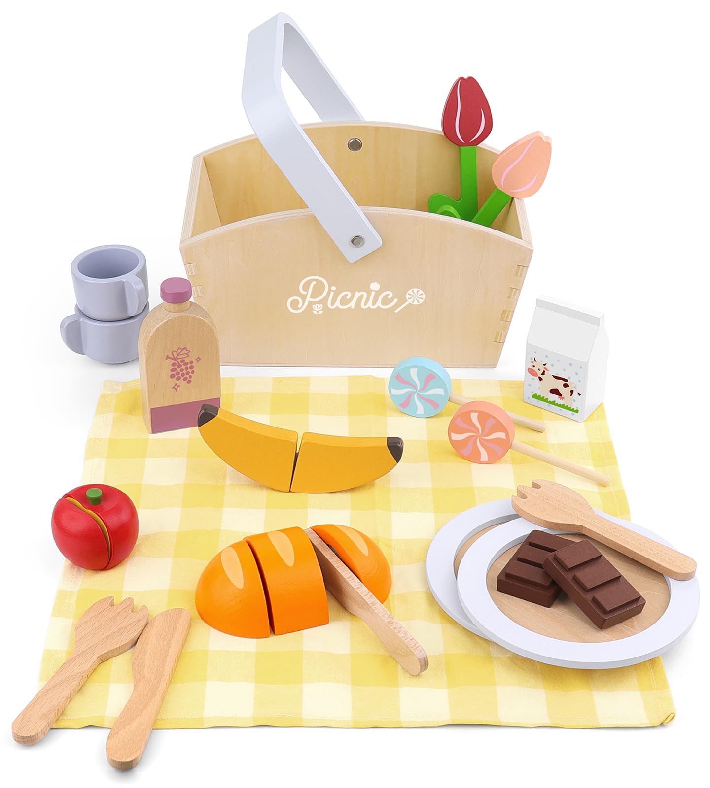 Pillowhale Wooden Picnic Basket Playset Toy,Pretend Play Food Sharing Playset with Cutting Fruits, Kids Imagination Play for Girls Boys Toddlers 3 Years Old and Up