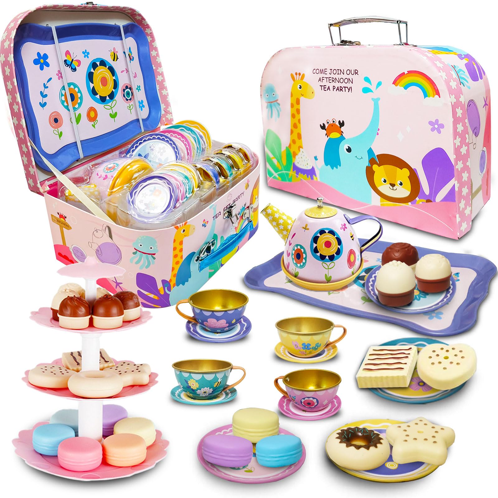 Hummigoo Tea Set for Little Girls, Pretend Tea Party Set for Kids Age 3 4 5 6 7 8 9, Kids Kitchen Pretend Play Tin Tea Set with Carrying Case and Food Dessert Playset for Girls Princess Boys