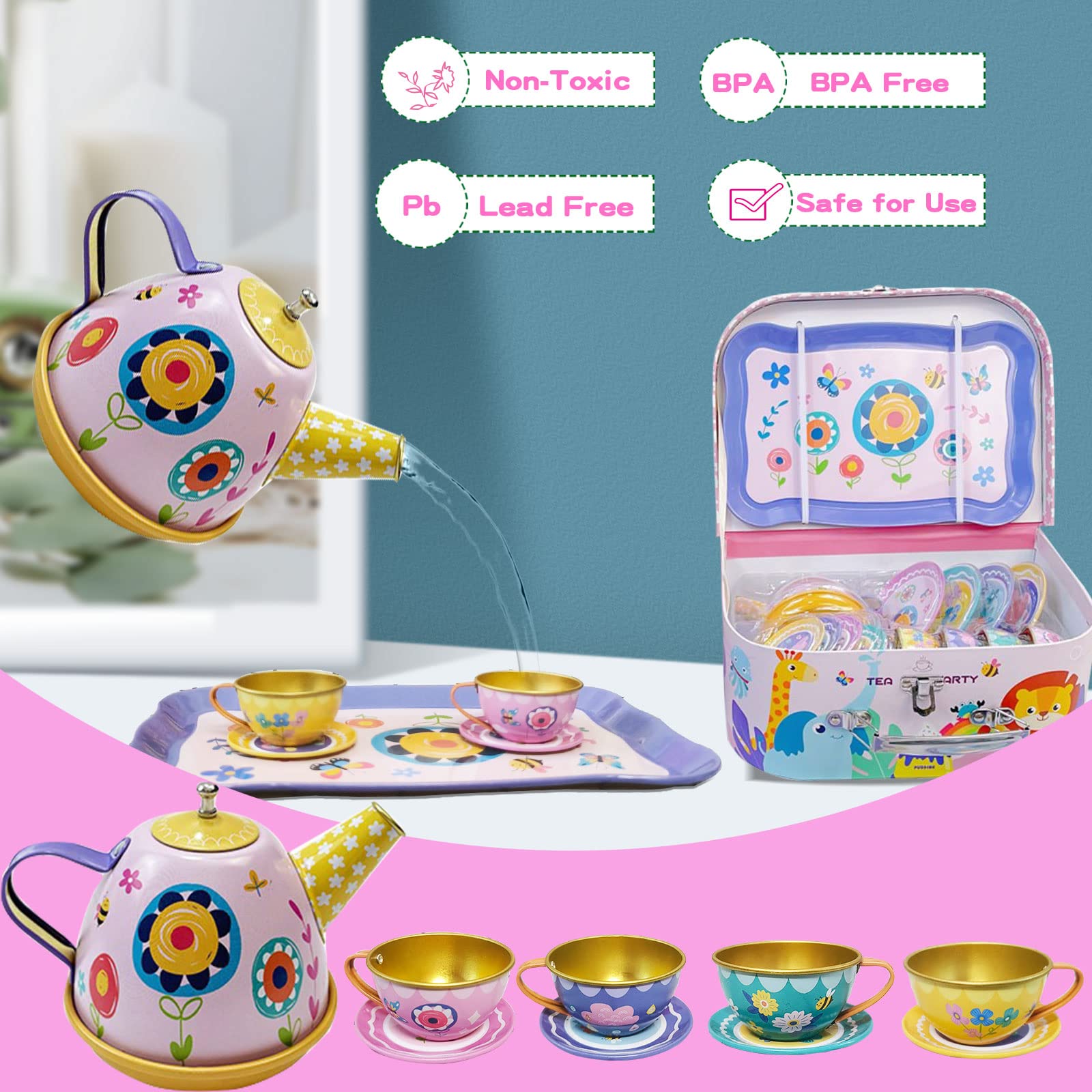 Hummigoo Tea Set for Little Girls, Pretend Tea Party Set for Kids Age 3 4 5 6 7 8 9, Kids Kitchen Pretend Play Tin Tea Set with Carrying Case and Food Dessert Playset for Girls Princess Boys