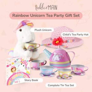 Tickle & Main Rainbow Unicorn Tea Party Gift Set, Tea Set for Little Girls with Unicorn Plushie