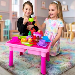 50-pcs foldable toy table with play dishes and tea set for little girls - kitchen accessory toys with play dish sets, play food, cutting fruits, toy knife & utensils | gift for toddler girl