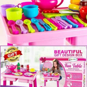 50-PCS Foldable Toy Table with Play Dishes and Tea Set for Little Girls - Kitchen Accessory Toys with Play Dish Sets, Play Food, Cutting Fruits, Toy Knife & Utensils | Gift for Toddler Girl