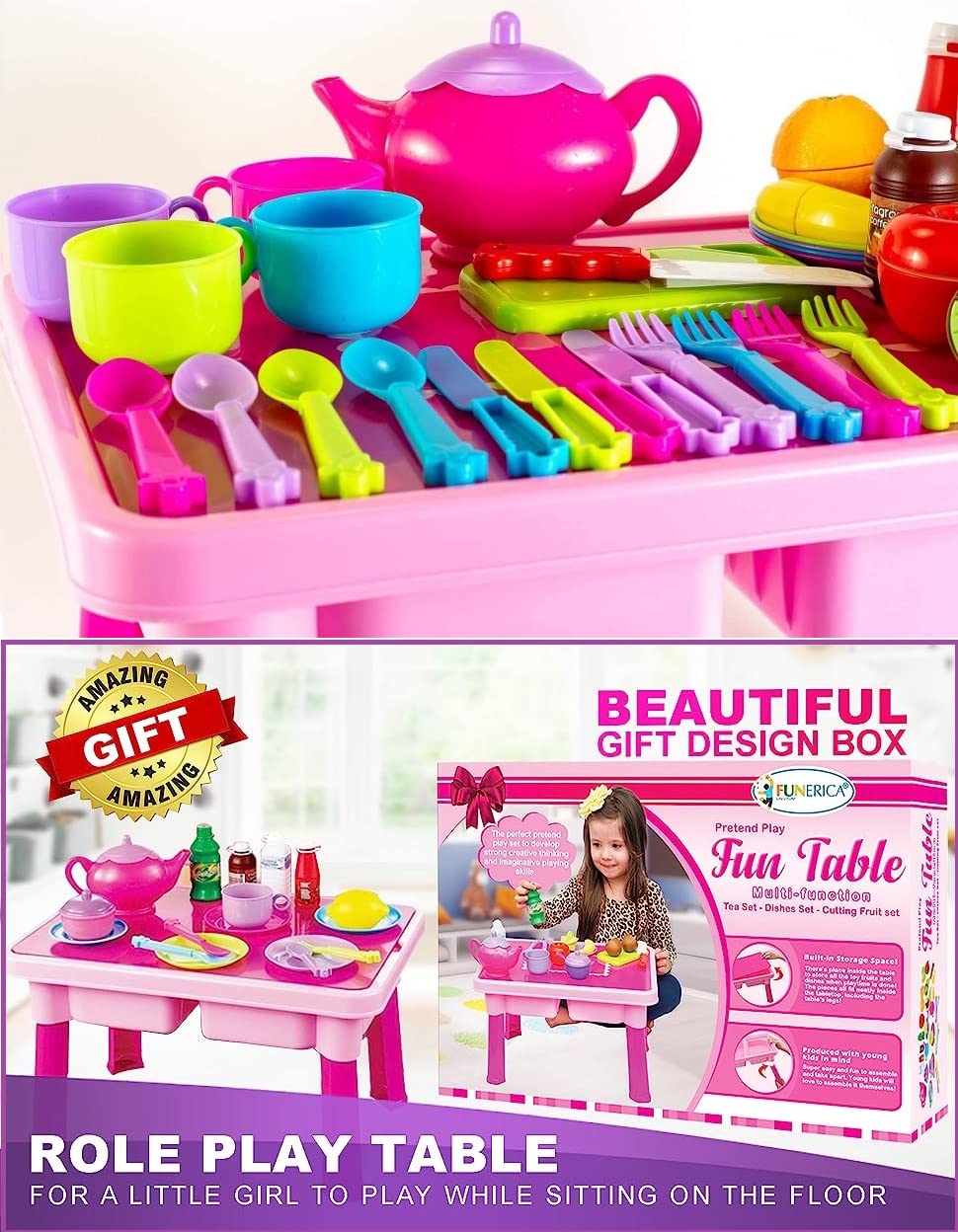 50-PCS Foldable Toy Table with Play Dishes and Tea Set for Little Girls - Kitchen Accessory Toys with Play Dish Sets, Play Food, Cutting Fruits, Toy Knife & Utensils | Gift for Toddler Girl