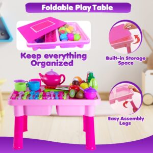 50-PCS Foldable Toy Table with Play Dishes and Tea Set for Little Girls - Kitchen Accessory Toys with Play Dish Sets, Play Food, Cutting Fruits, Toy Knife & Utensils | Gift for Toddler Girl