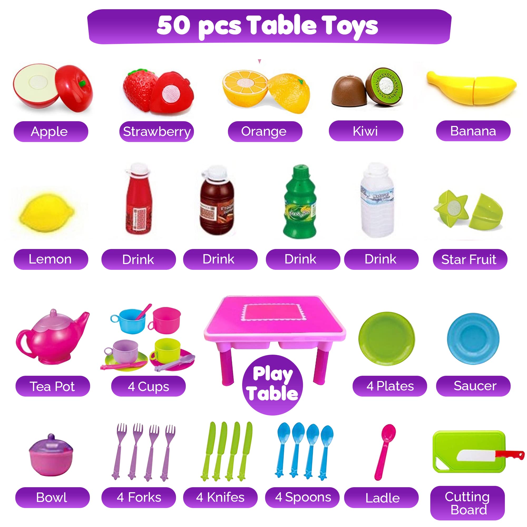 50-PCS Foldable Toy Table with Play Dishes and Tea Set for Little Girls - Kitchen Accessory Toys with Play Dish Sets, Play Food, Cutting Fruits, Toy Knife & Utensils | Gift for Toddler Girl