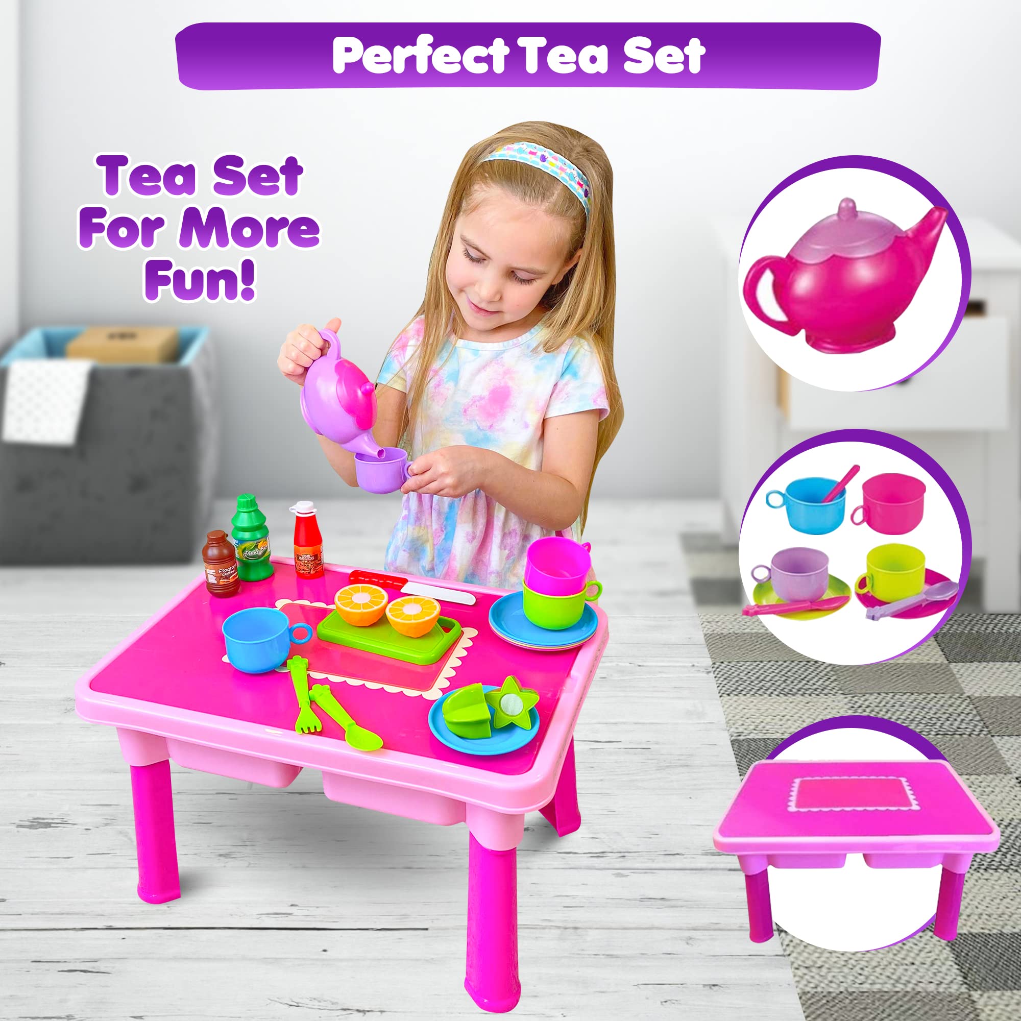 50-PCS Foldable Toy Table with Play Dishes and Tea Set for Little Girls - Kitchen Accessory Toys with Play Dish Sets, Play Food, Cutting Fruits, Toy Knife & Utensils | Gift for Toddler Girl