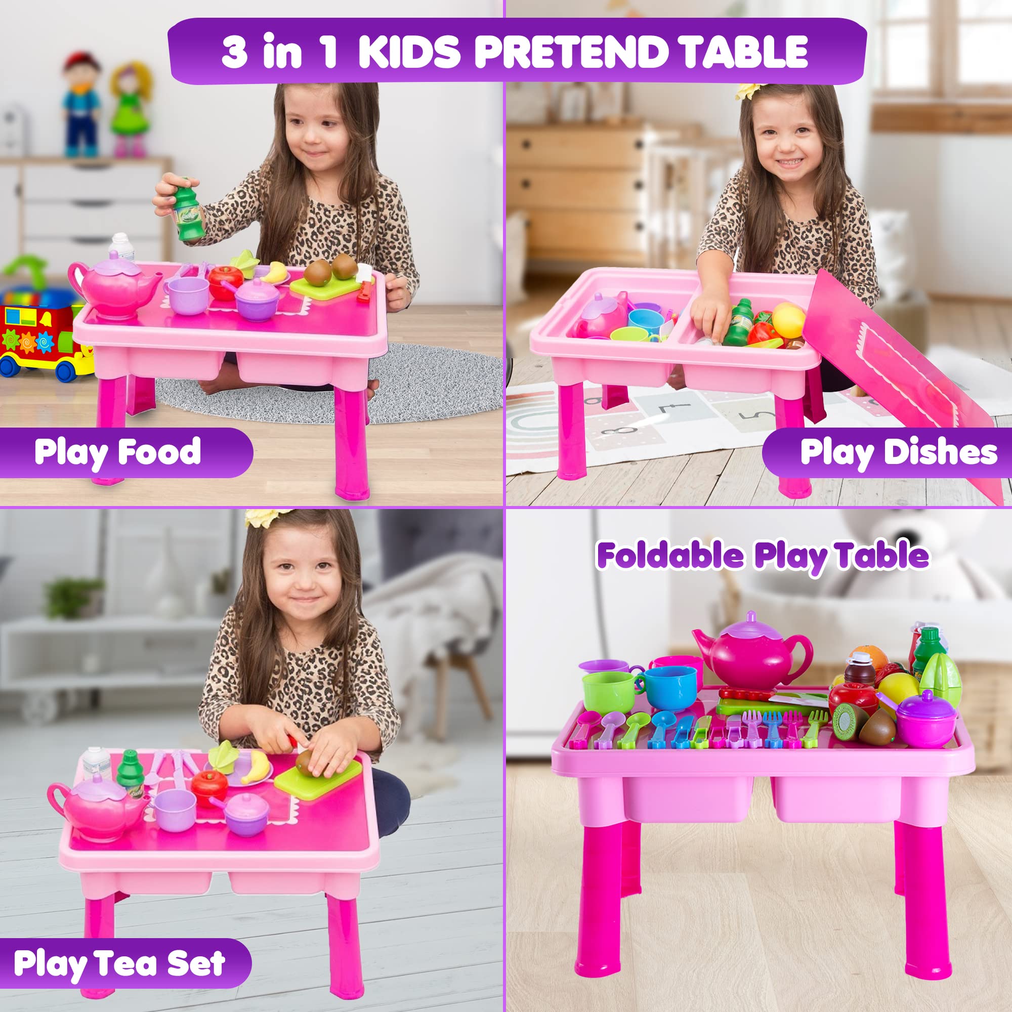 50-PCS Foldable Toy Table with Play Dishes and Tea Set for Little Girls - Kitchen Accessory Toys with Play Dish Sets, Play Food, Cutting Fruits, Toy Knife & Utensils | Gift for Toddler Girl