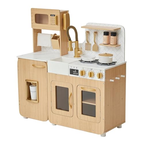 Teamson Kids Little Chef Cyprus Medium Wooden Play Kitchen with Interactive, Realistic Features, and 14 Kitchen Accessories for 3yrs and up, Light Oak/Faux White Marble/Gold