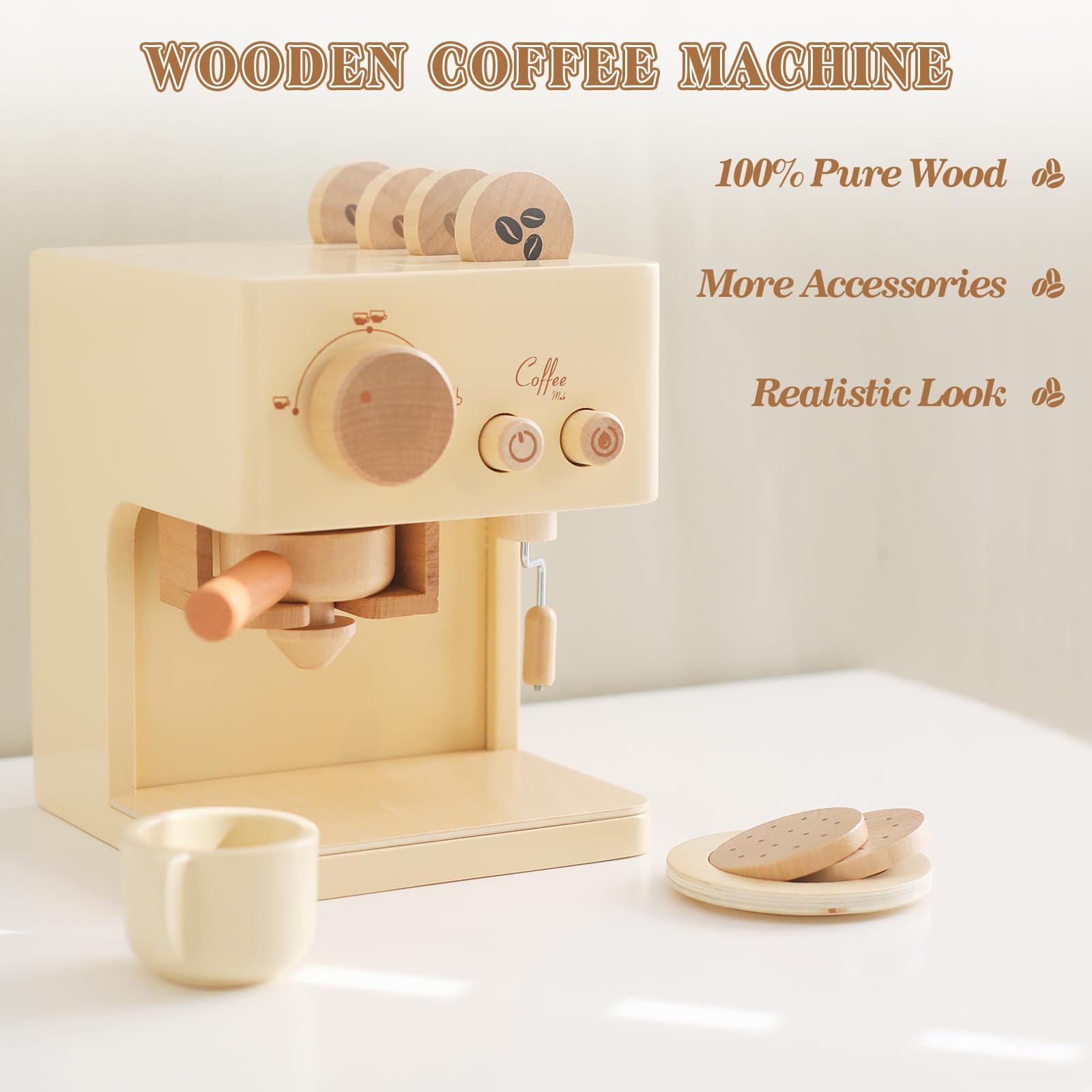 ibwaae Kids Coffee Maker 10Pcs Toy Coffee Maker Playset Wooden Kitchen Set Toys Toddler Play Kitchen Accessories, Pretend Play Food Sets for Girls and Boys