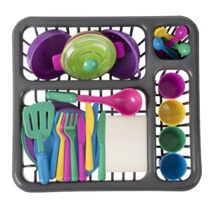 Big Mo’s Toys Pretend Play Dishes Playset – Little Chef Kitchen Set, Kids Cooking Serving Dishes - Play Cups, Pans, Cutlery, Ladle, Tableware, Pots and Dish Drainer, Set of 28