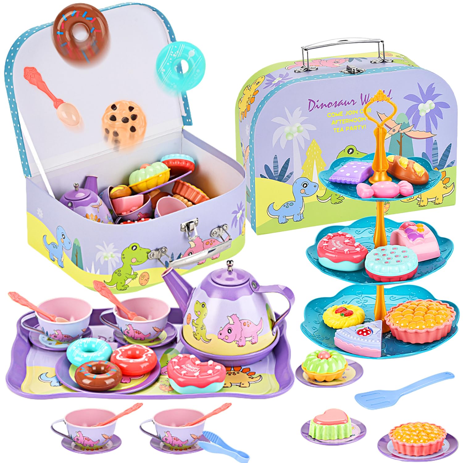 Yosamy 45Pcs Tea Party Set for Little Girls Princess Tea Time Toy Playset Ocean/Dinosaur Theme Kids Tea Set with Desserts & Carrying Case Kitchen Pretend Toy for Kids Toddlers Age 3 4 5 6 (Dinosaur)