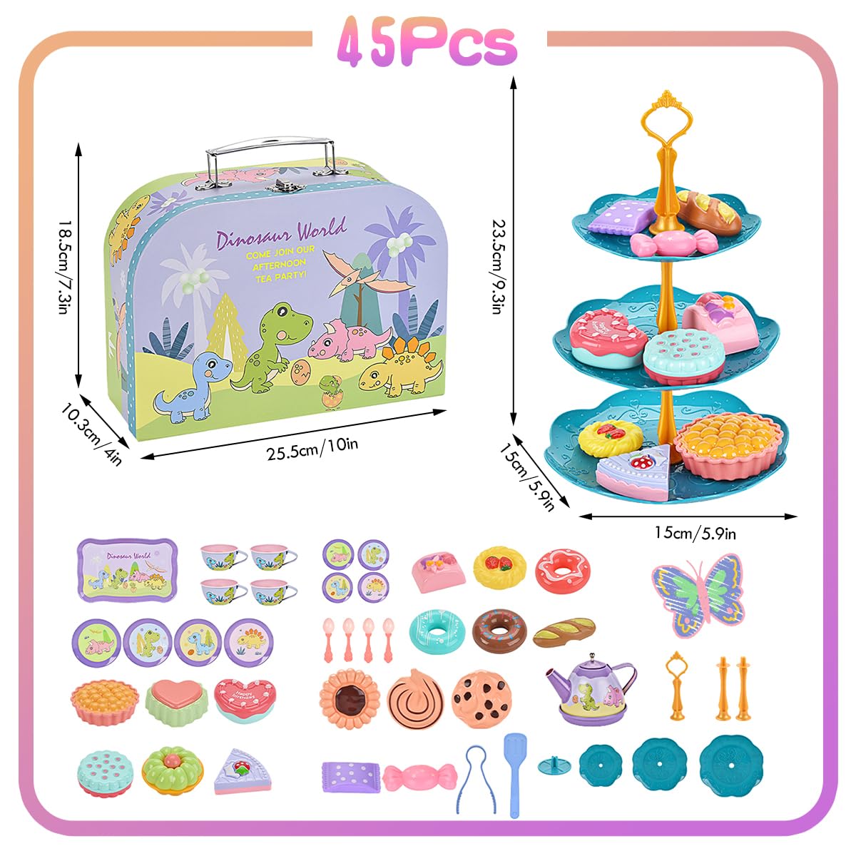 Yosamy 45Pcs Tea Party Set for Little Girls Princess Tea Time Toy Playset Ocean/Dinosaur Theme Kids Tea Set with Desserts & Carrying Case Kitchen Pretend Toy for Kids Toddlers Age 3 4 5 6 (Dinosaur)