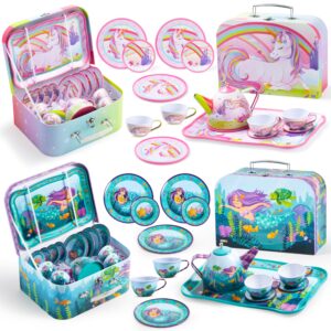 joyin tea party set for little girls, pretend tin teapot set, princess tea time play kitchen toy with cups, plates and carrying case for birthday easter gifts kids toddlers age 3 4 5 6