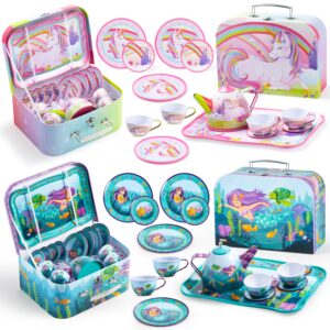 JOYIN Tea Party Set for Little Girls, Pretend Tin Teapot Set, Princess Tea Time Play Kitchen Toy with Cups, Plates and Carrying Case for Birthday Easter Gifts Kids Toddlers Age 3 4 5 6