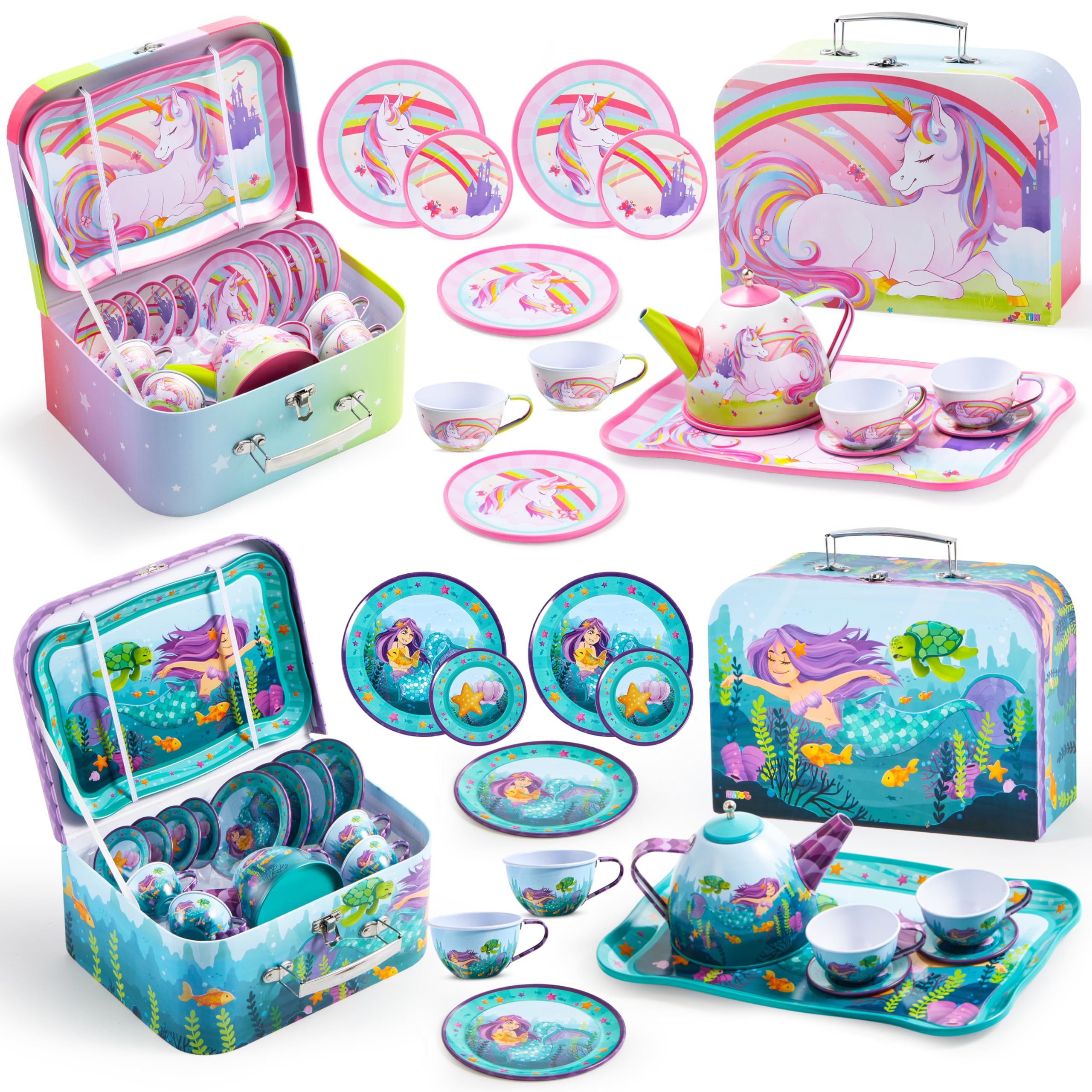 JOYIN Tea Party Set for Little Girls, Pretend Tin Teapot Set, Princess Tea Time Play Kitchen Toy with Cups, Plates and Carrying Case for Birthday Easter Gifts Kids Toddlers Age 3 4 5 6