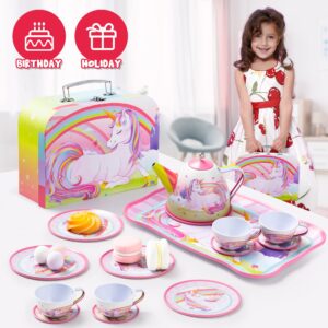 JOYIN Tea Party Set for Little Girls, Pretend Tin Teapot Set, Princess Tea Time Play Kitchen Toy with Cups, Plates and Carrying Case for Birthday Easter Gifts Kids Toddlers Age 3 4 5 6