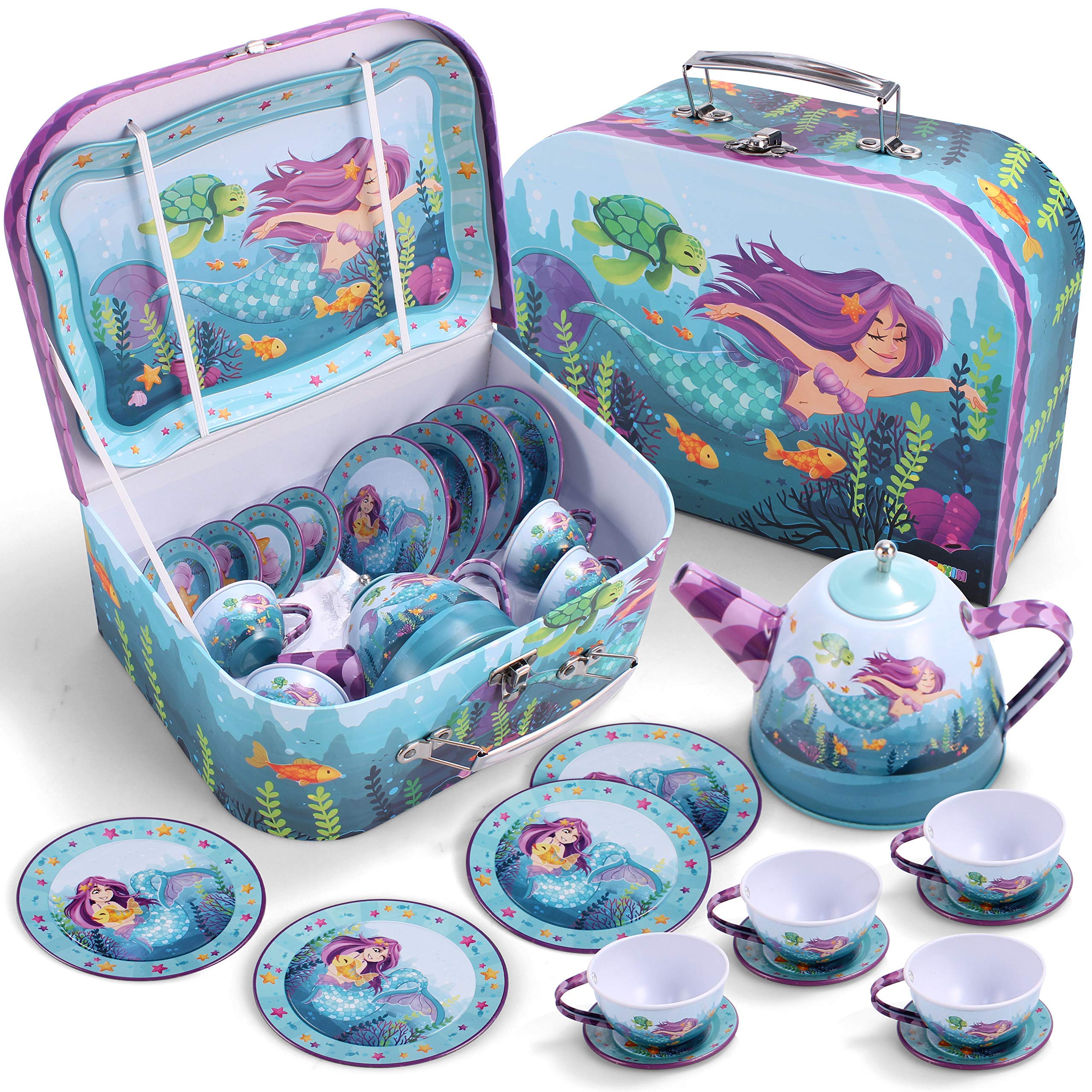 JOYIN Tea Party Set for Little Girls, Pretend Tin Teapot Set, Princess Tea Time Play Kitchen Toy with Cups, Plates and Carrying Case for Birthday Easter Gifts Kids Toddlers Age 3 4 5 6