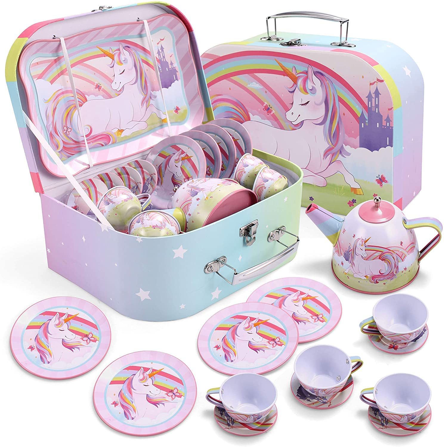 JOYIN Tea Party Set for Little Girls, Pretend Tin Teapot Set, Princess Tea Time Play Kitchen Toy with Cups, Plates and Carrying Case for Birthday Easter Gifts Kids Toddlers Age 3 4 5 6